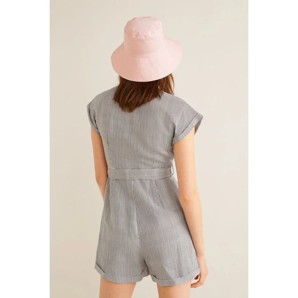 MANGO Striped Romper S/4 Linen Blend Button‎ Gray White Belted V Neck Cap Sleeve